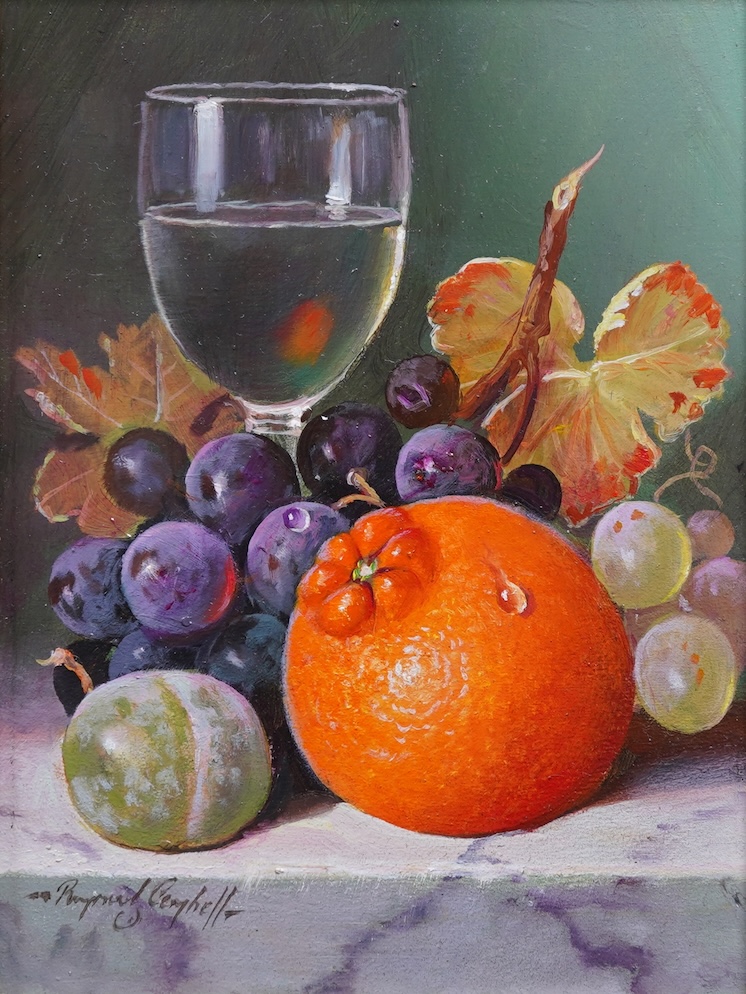 Raymond Campbell, (b. 1956), ‘Oranges, Grapes, greengage, and wine glass’